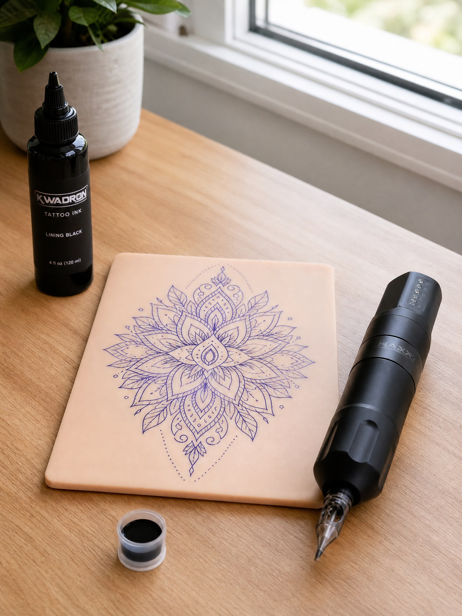 FAKED SKIN flesh-tone practice pad lying flat on a dark tattoo studio bench