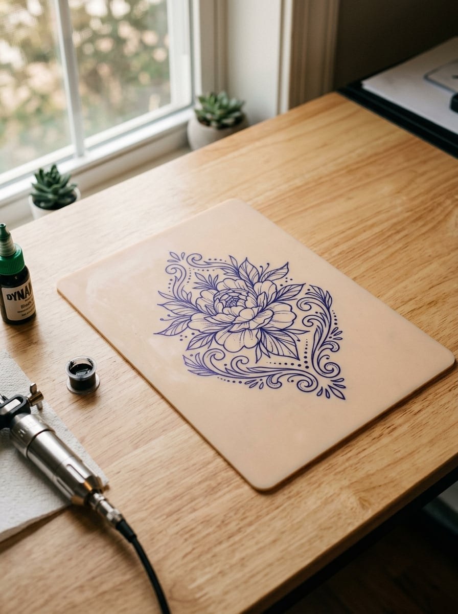 FAKED SKIN practice pad with a stencil applied, ready to tattoo on the bench